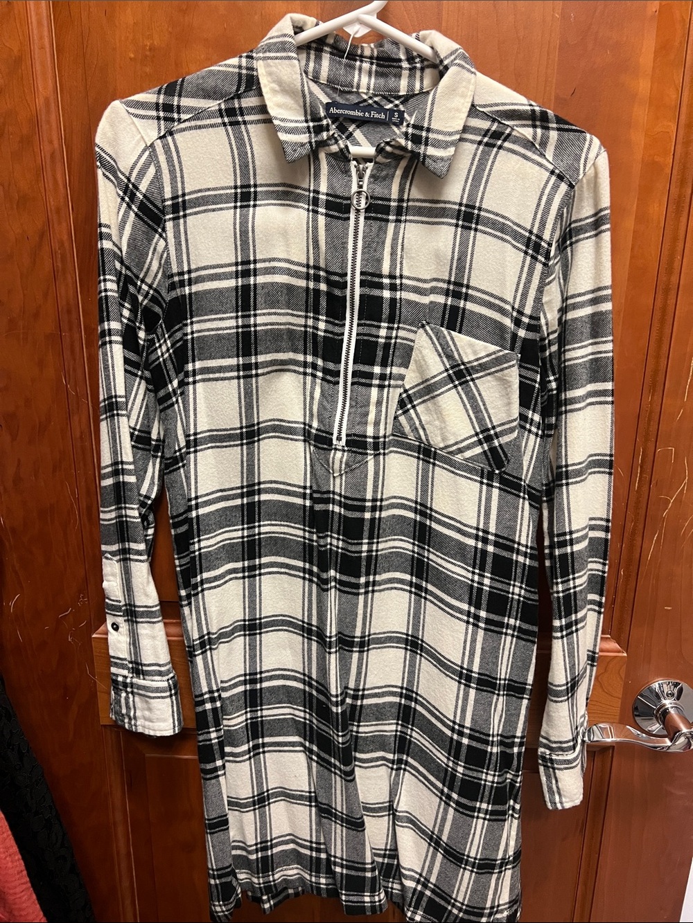 Abercrombie & Fitch Black and Cream Plaid Zip-Front Shirt Dress
